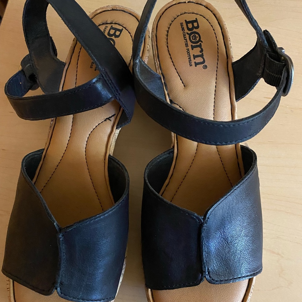 Black sandals with cork wedge. Comfy!